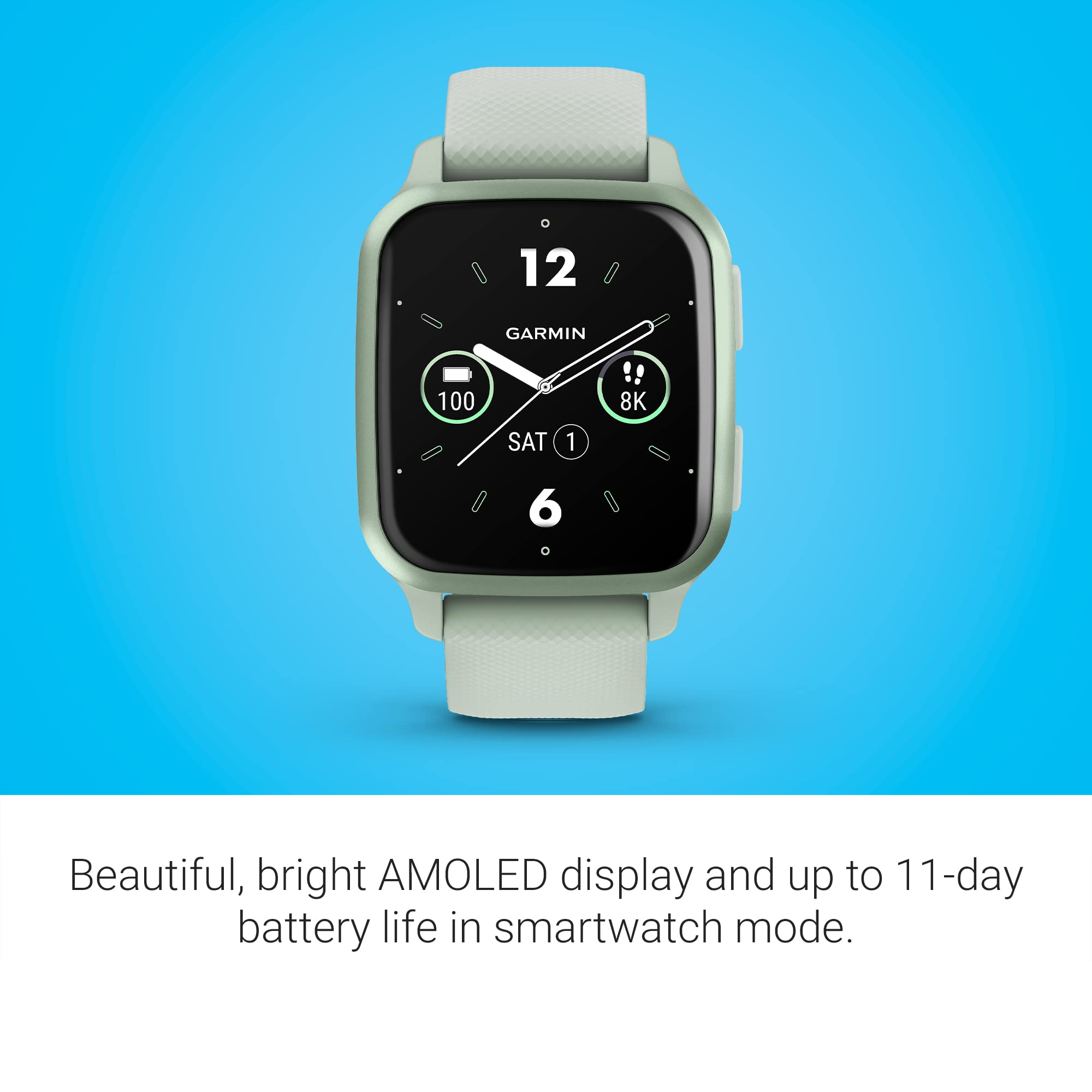 Garmin Venu Sq 2 GPS Smartwatch ƒ?? 40mm ƒ?? Cool Mint Case with Cool Mint Silicone Band ƒ?? 010-02701-02