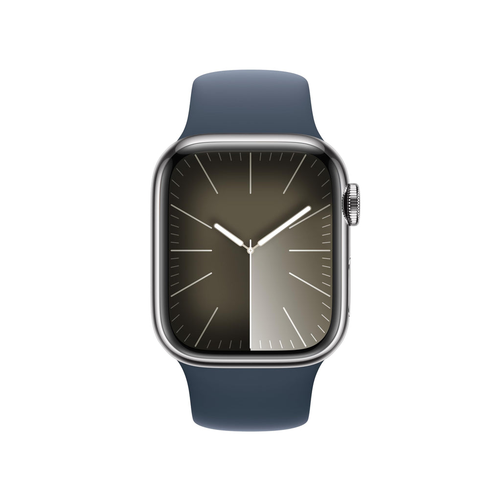 Apple Watch Series 9 (GPS + Cellular) 41mm Stainless Steel Case w/ Storm Blue Sport Band ƒ?? M/L ƒ?? Silver ƒ?? MRJ33LL/A