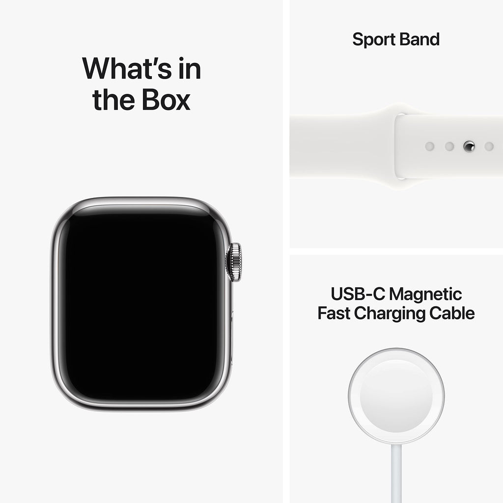 Apple Watch Series 8 (GPS + Cellular, 41mm) - Silver Stainless Steel Case with White Sport Band M/L MNV73LL/A