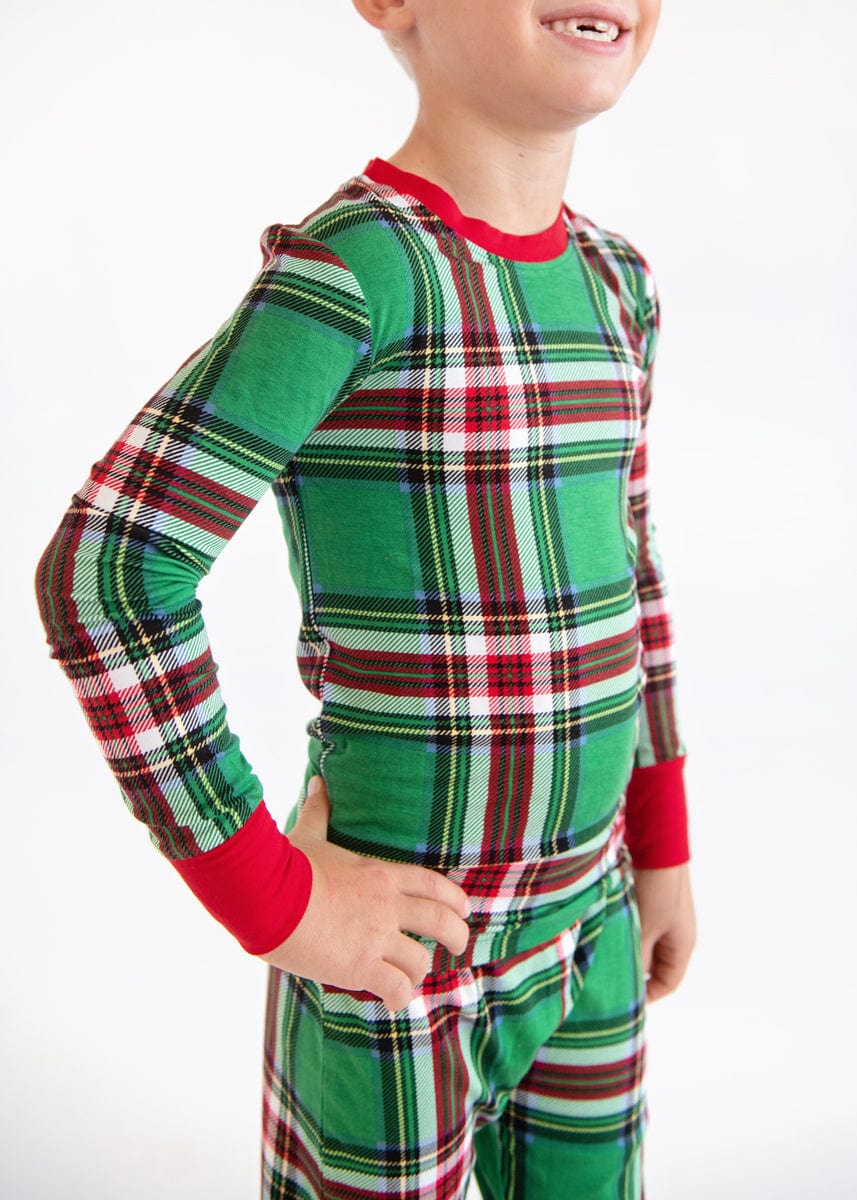 Snug-Fitting Unisex Tween Matching Set - Green Plaid